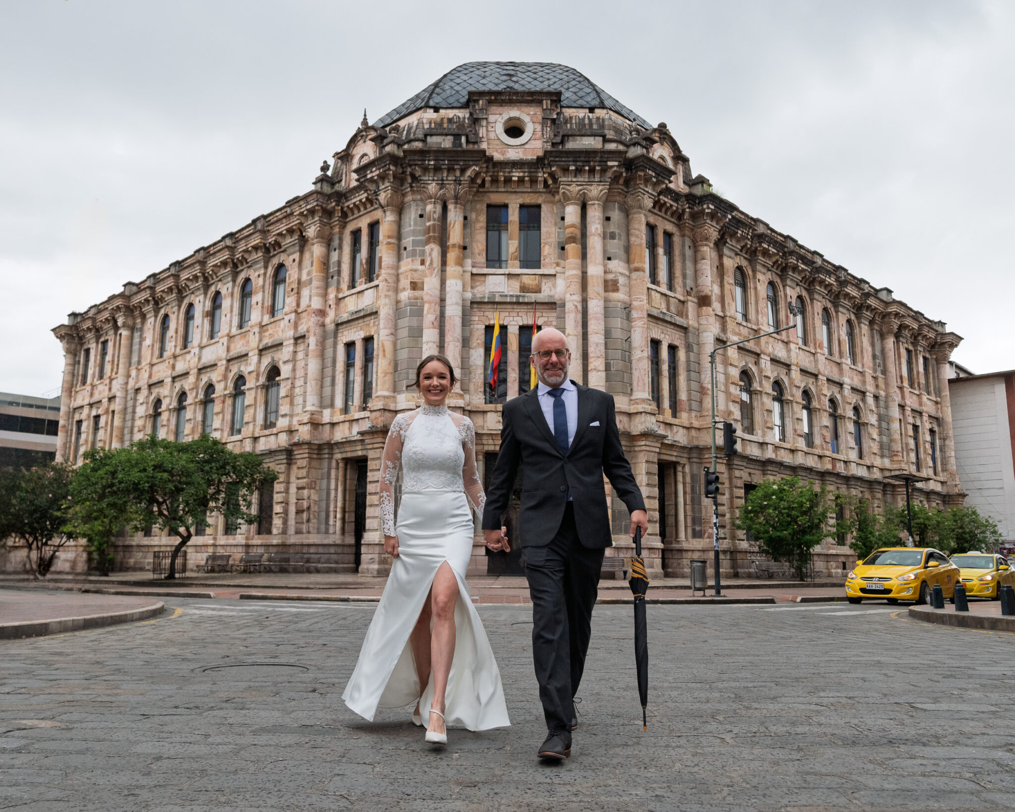Couple walking on their wedding day